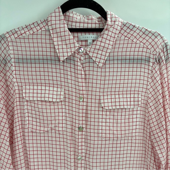 Foxcroft Women’s Blouse White Red Tencel Rolled Sleeve Gingham Button Up Size 10 - Picture 3 of 14